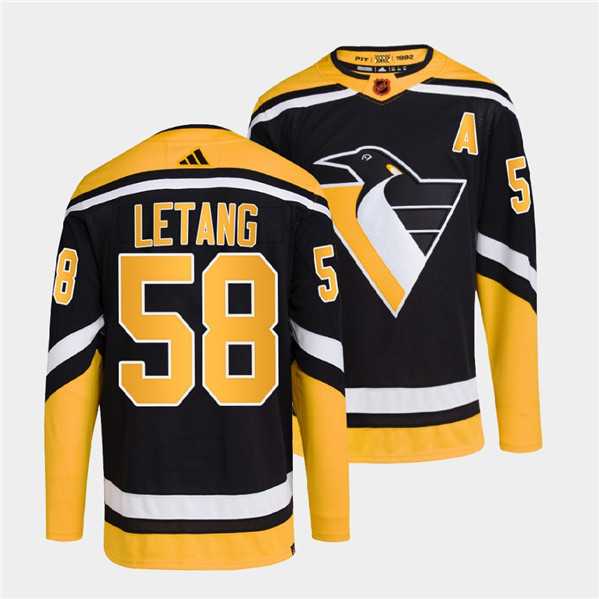Mens Pittsburgh Penguins #58 Kris Letang Black 2022 Reverse Retro Stitched Jersey Dzhi
